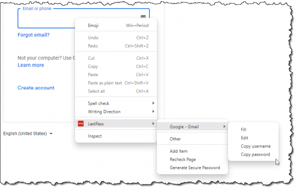 LastPass right-click menu tree.