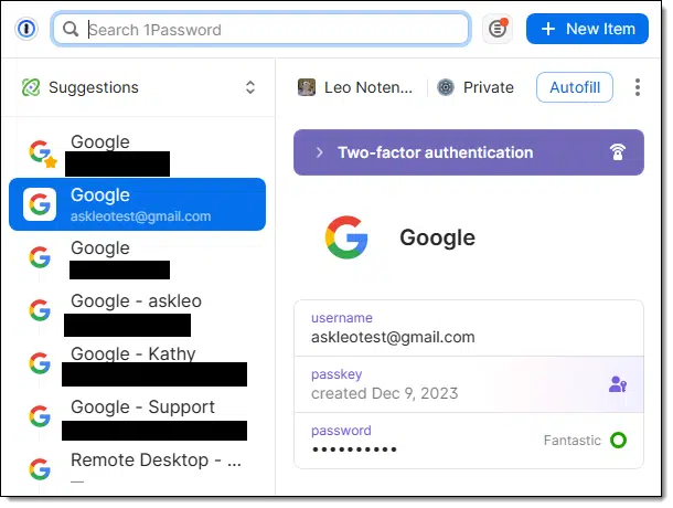 1Password Toolbar Drop-down
