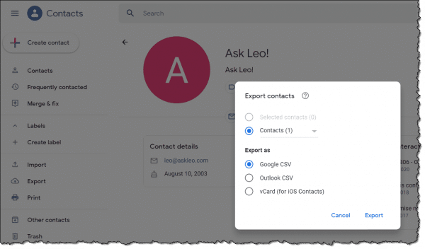 Exporting Google Contacts