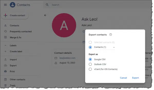 Exporting Google Contacts