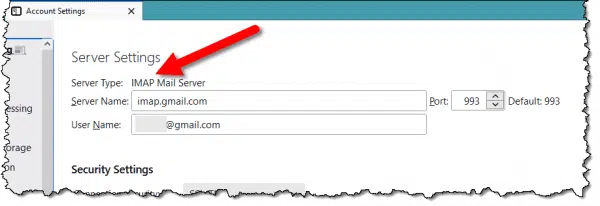 IMAP configuration in Thunderbird.