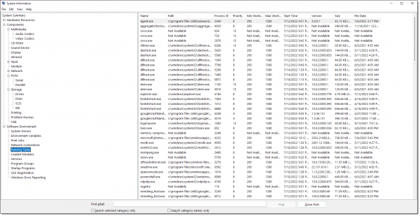 Msinfo32 showing running processes.