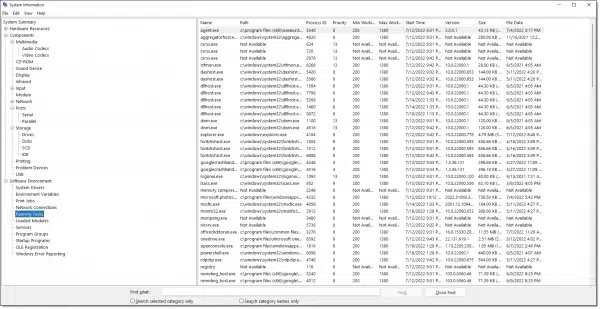 Msinfo32 showing running processes.