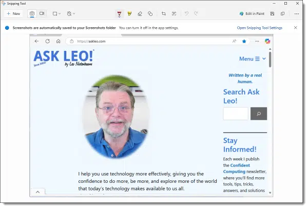 Screenshot of askleo.com in Snipping Tool.