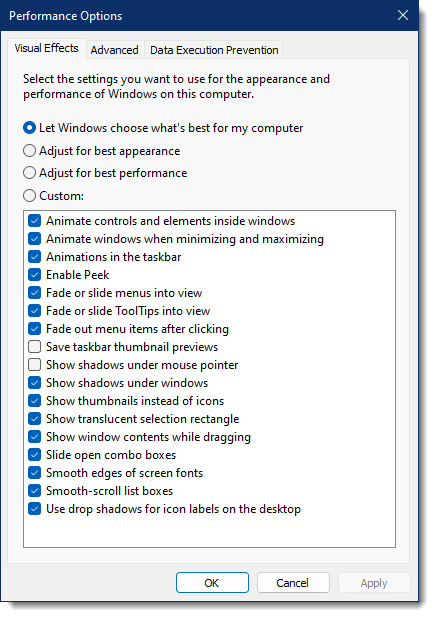 Performance Options.