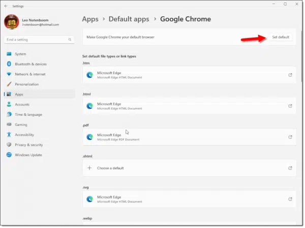 Apps > Default Apps -> Google Chrome