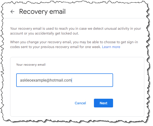 Gmail recovery email form.
