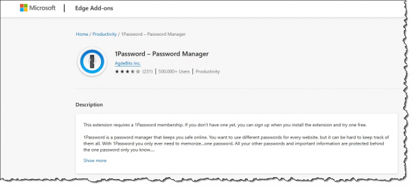 1Password extension in the Microsoft Edge store.