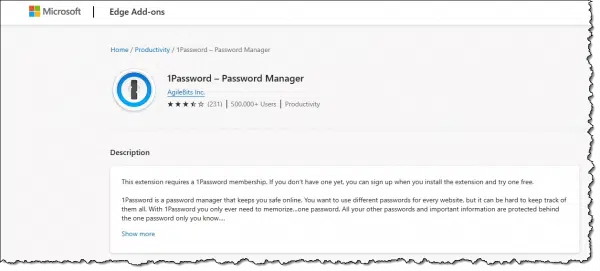 1Password extension in the Microsoft Edge store.