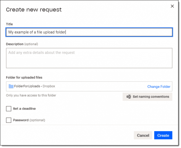 Create new request dialog.
