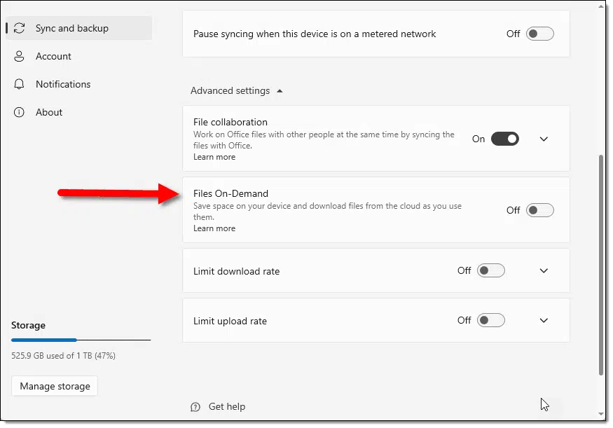 OneDrive Files on demand setting.
