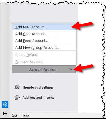Thunderbird Add Mail Account menu item.