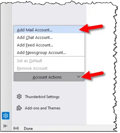 Thunderbird Add Mail Account menu item.