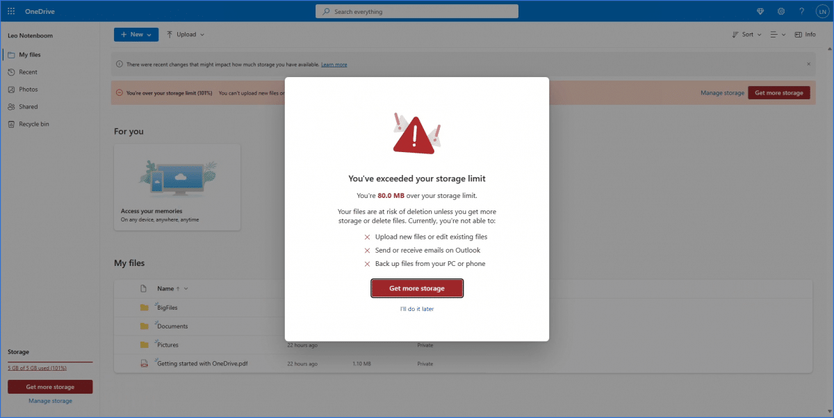Exceeded your storage limit in OneDrive.