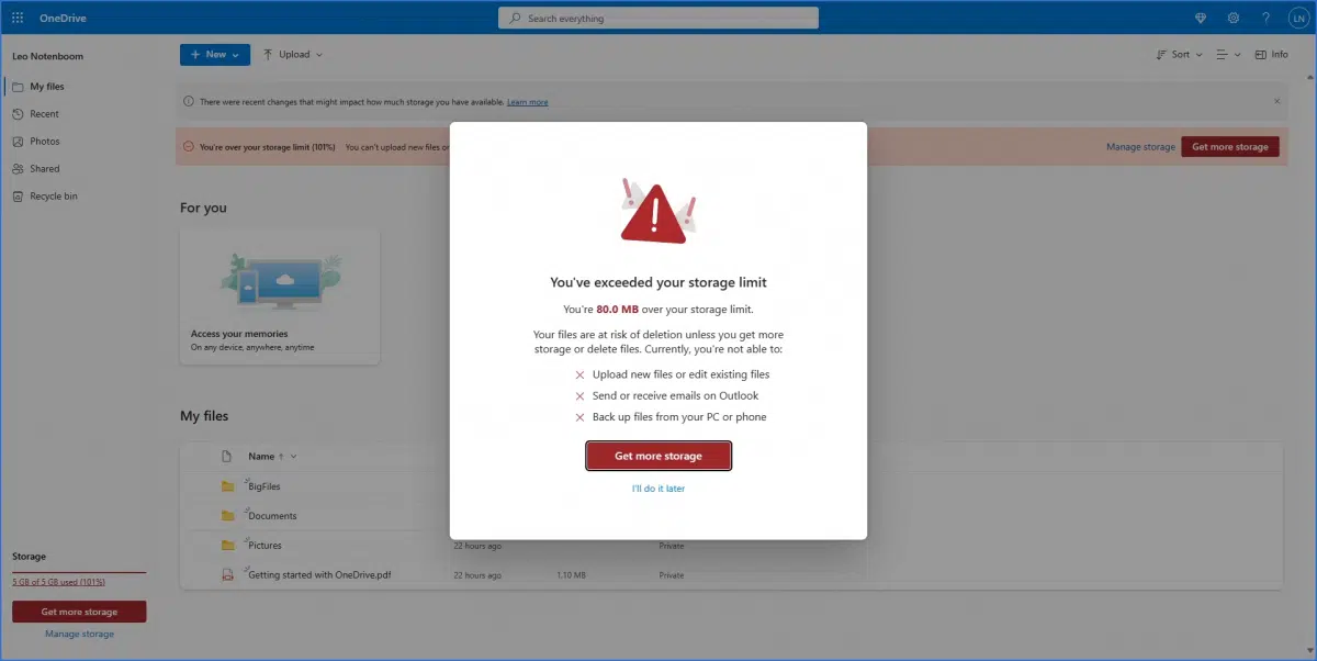 Exceeded your storage limit in OneDrive.
