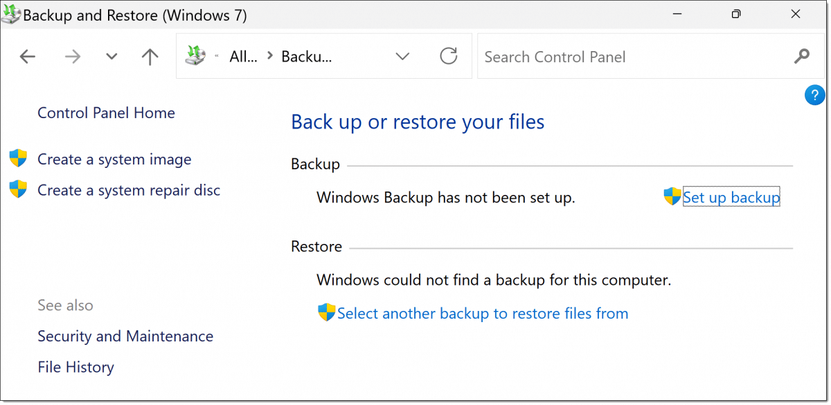 Windows 7 Backup and Restore in Windows 11.