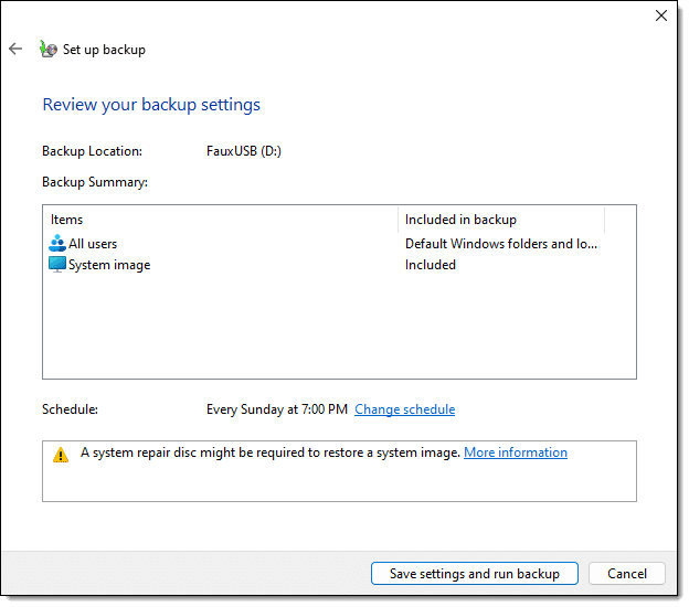 Windows 7 Backup Settings.