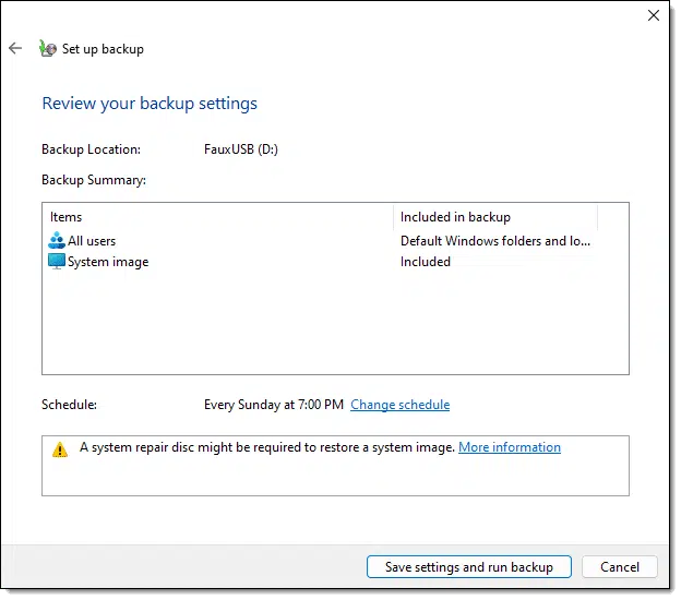 Windows 7 Backup Settings.