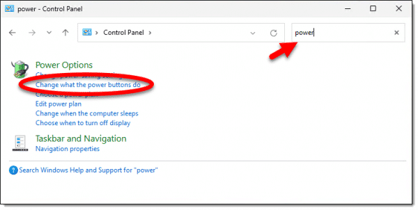 Searching for power in Control Panel.