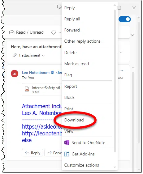 Message actions, highlighting "Download"