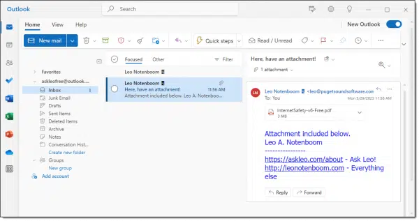 A message in the Windows 11 mail program.
