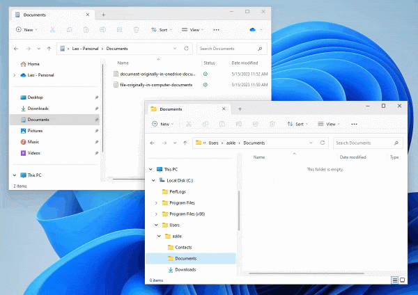 Moving files from OneDrive\Documents to computer's Documents.