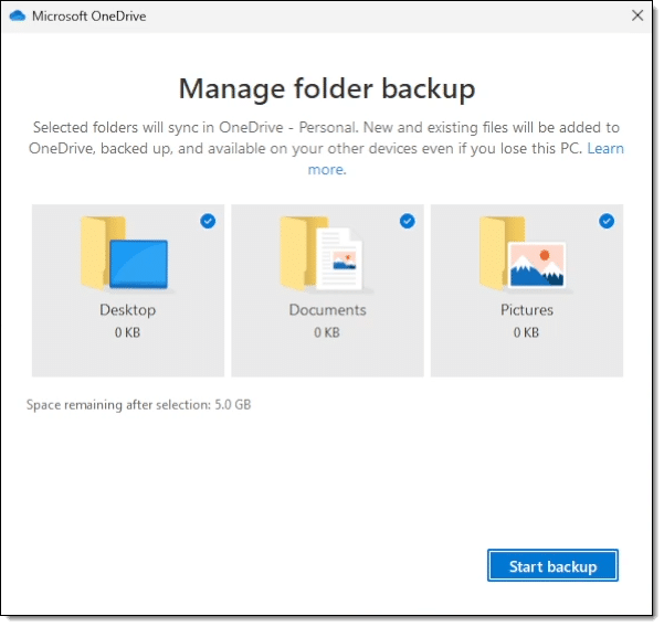 OneDrive folder backup option.