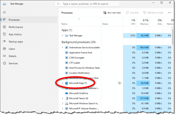 I'm not running the browser, and yet Edge is present in Task Manager.