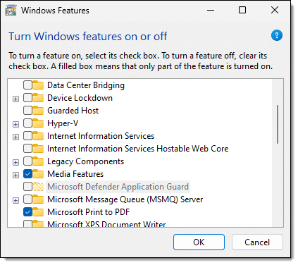 Turn Windows features on or off dialog.