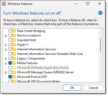 Turn Windows features on or off dialog.
