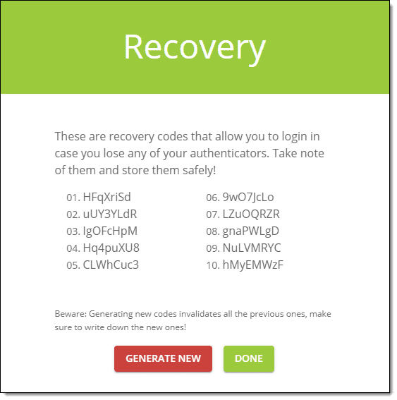 Two-factor recovery codes.