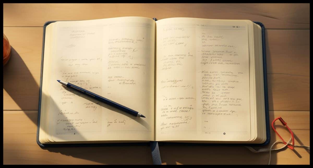 Moleskin notebook with notes.