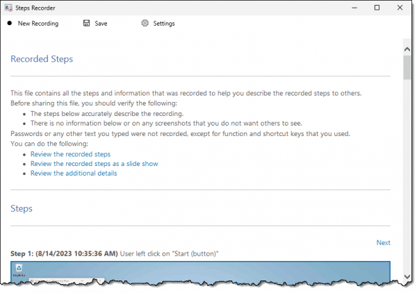 Problem Steps Recorder results.