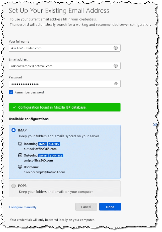 Thunderbird configuration for an Outlook.com account.