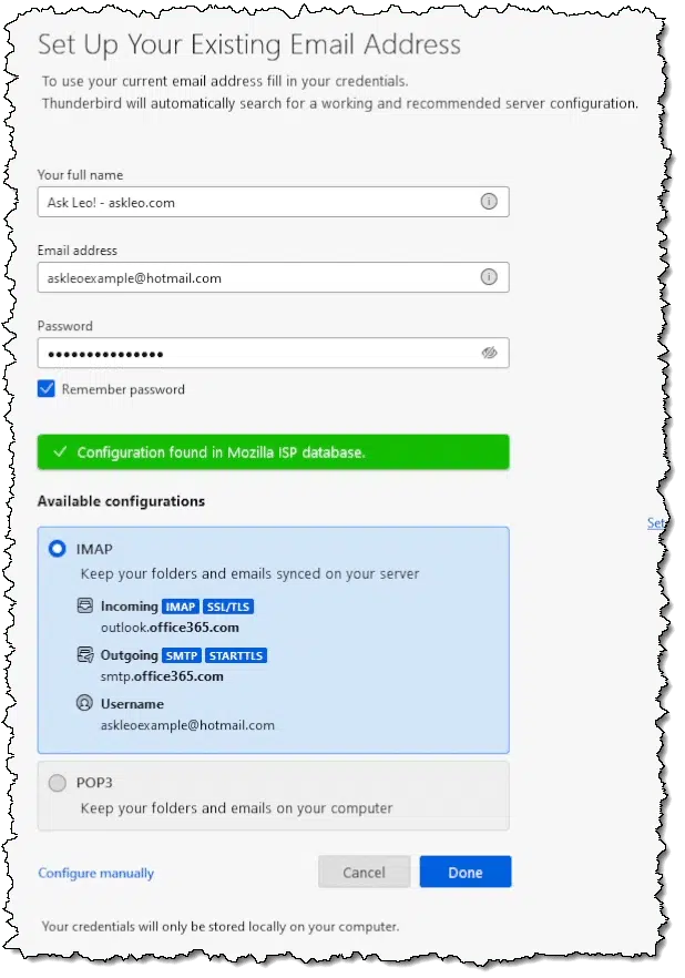 Thunderbird configuration for an Outlook.com account.