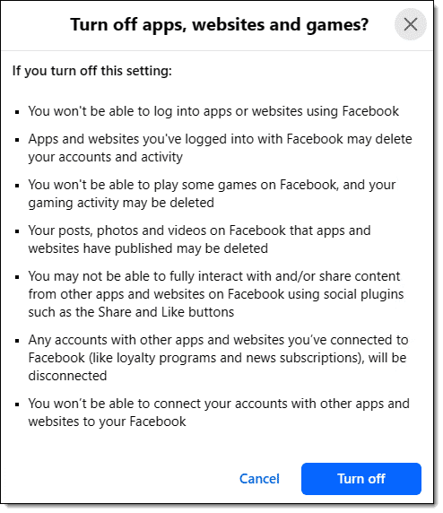 Confirming the sign-in with Facebook turn off.