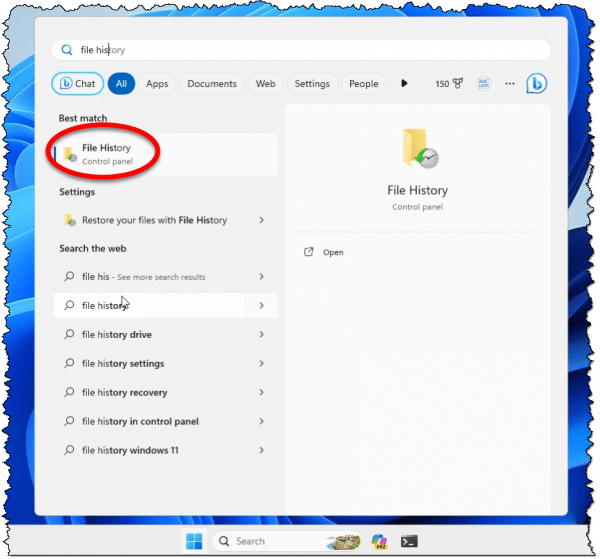 Searching for File History.