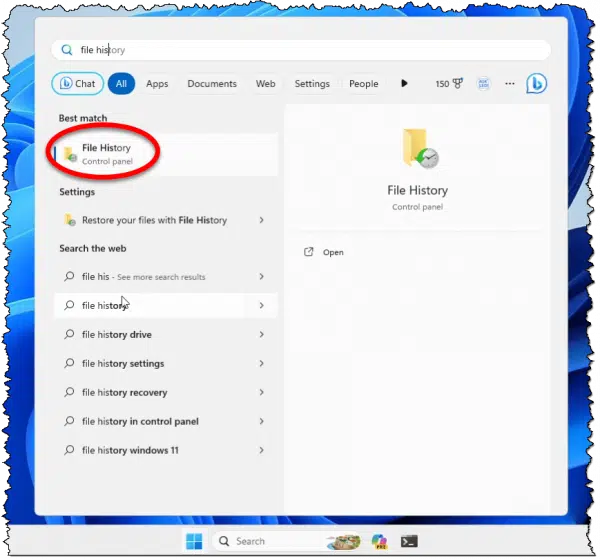 Searching for File History.