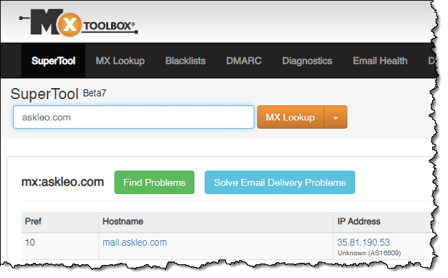 MX Toolbox report for askleo.com