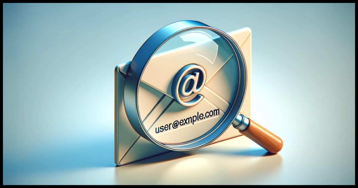 Illustration in a popular 3D animation style showcasing a detailed email envelope icon. Over the envelope, there's a large, clear magnifying glass zooming in on a generic email address (e.g., user@example.com) written on the envelope, set against a light gradient background.