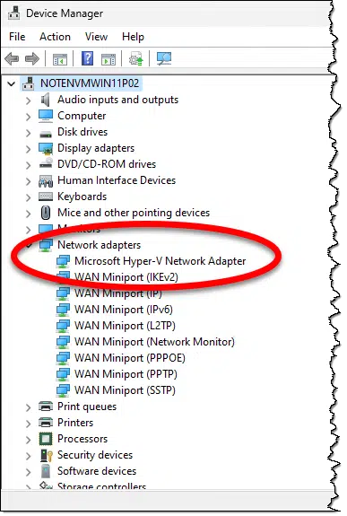 Device manager showing the network adapter.