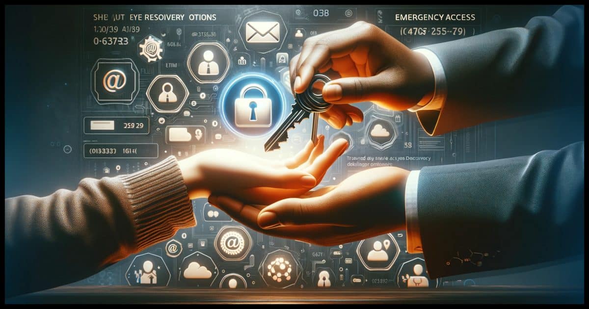 A photorealistic 16:9 image illustrating a scenario where a person of Caucasian descent is handing over a digital key to a family member of African descent. The scene is set against a background filled with subtle symbols and icons representing recovery options like emails and phone numbers, emphasizing the emergency access options for passkeys. This image conveys the idea of digital legacy and the importance of ensuring trusted individuals have access to digital assets in emergency situations, highlighting the role of passkeys in modern digital security.