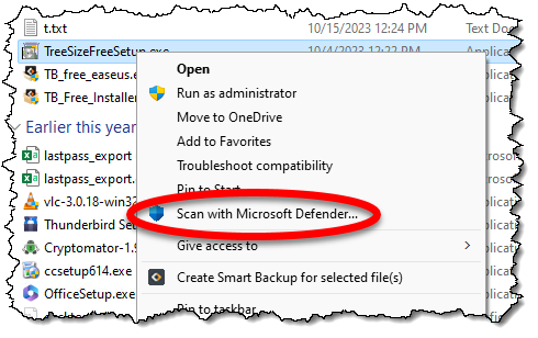 Scanning a single file with Microsoft Defender.
