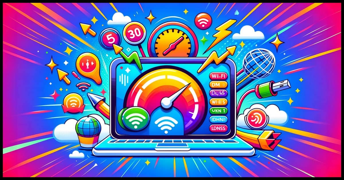 Feature a whimsical, animated-style computer or laptop with a vibrant, exaggerated screen displaying fast internet symbols like a speedometer or lightning bolt. Include animated icons such as a Wi-Fi signal, Ethernet cable, a globe for DNS, and a creative version of the Windows 11 logo. The background should be lively and colorful, complementing the animated theme, making the image engaging and visually appealing.
