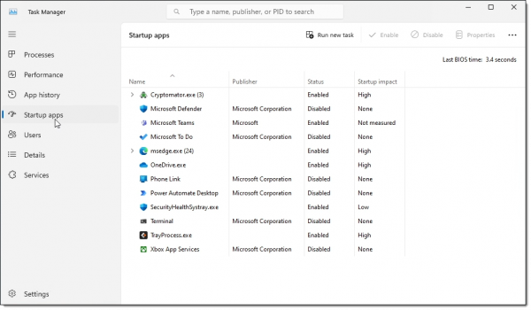Startup Apps in Windows 11.