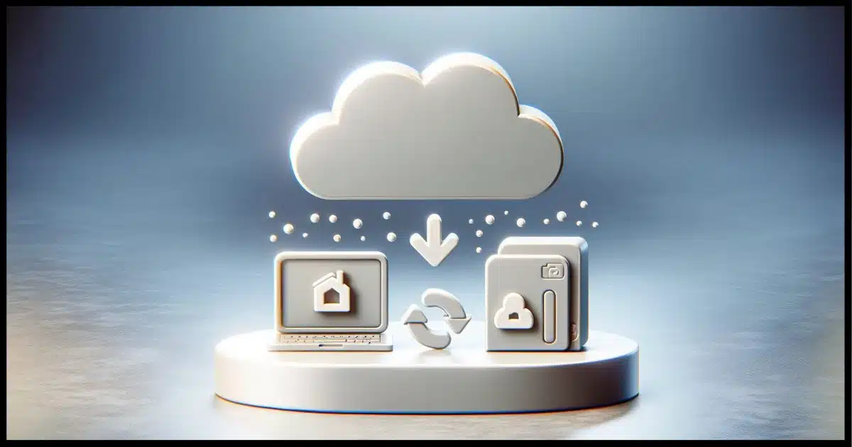 A simple and photorealistic thumbnail depicting the concept of OneDrive backups. The image shows a cloud symbolizing cloud storage and a PC (laptop or desktop) to represent local storage. Between them, there's a symbolic representation of data transfer, like files moving or a sync icon. The background should be clean and minimalist, possibly with a subtle OneDrive logo or color scheme. This image is designed to visually represent the concept of syncing and backing up files from OneDrive to a PC.