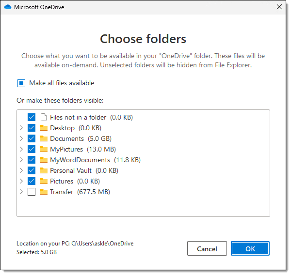 OneDrive Choose folders dialog.