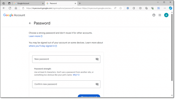 Google New Password Entry