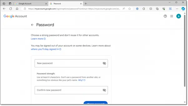 Google New Password Entry