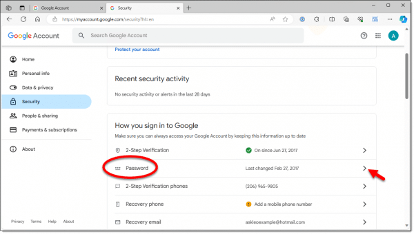 Google password setting.